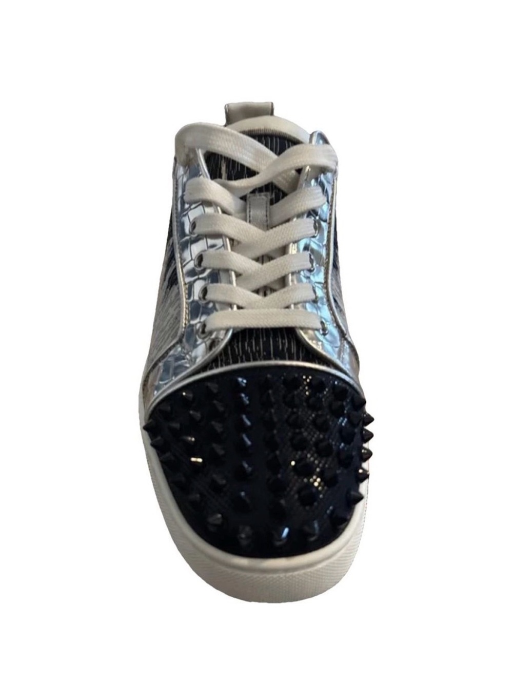 Metallic Silver Leather Sneaker with Blue Studded Toe